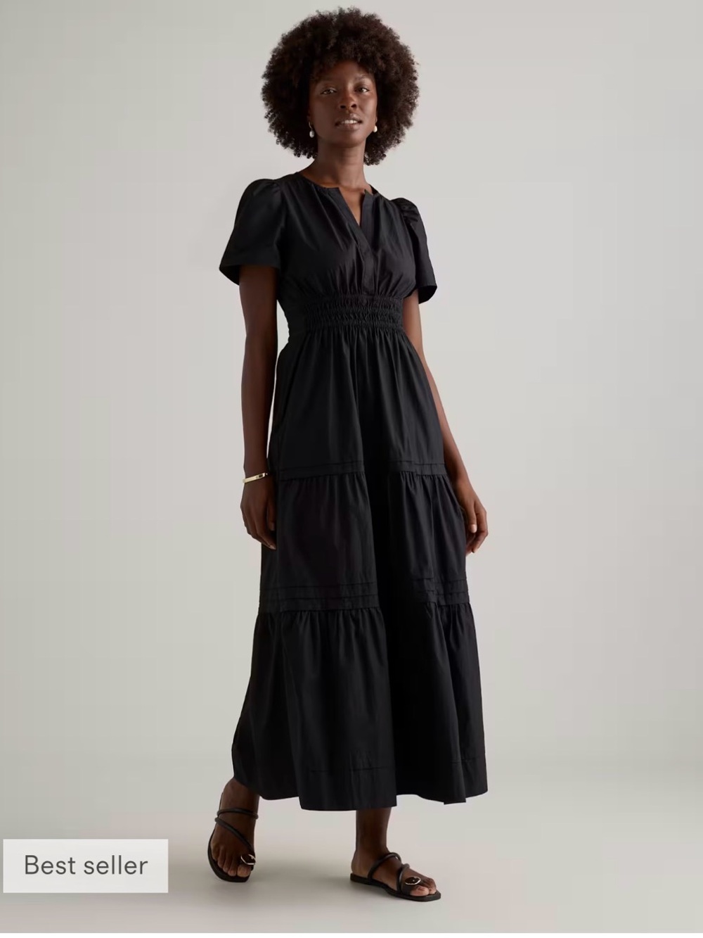 Quince Black Tiered Maxi Dress with Smocked Waist